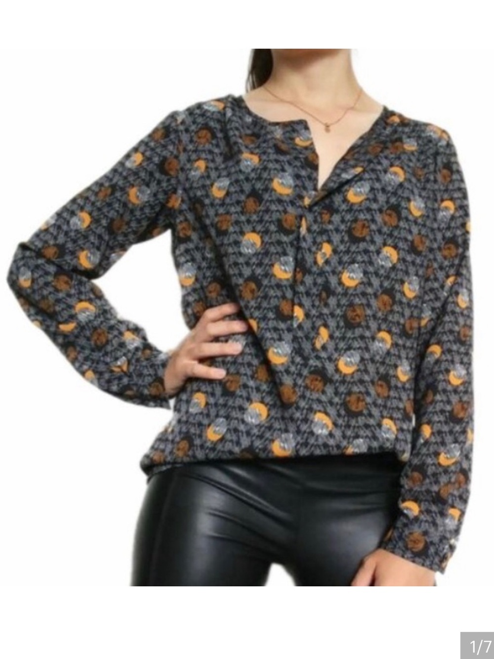 Cabi Autumn Crescent Moon Orange&Black Pop over Long Sleeve Blouse Size XS